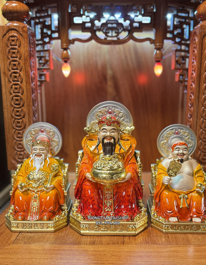 bộ 3 Ông Địa Thần Tiền Thần Tài bằng bột đá đỏ có hào Quang đẹpđep