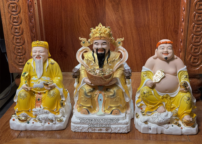 Bộ 3 Ông Địa Thần Tài Thiền Bằng Sứ Đức Hóa Gấm Vàng
