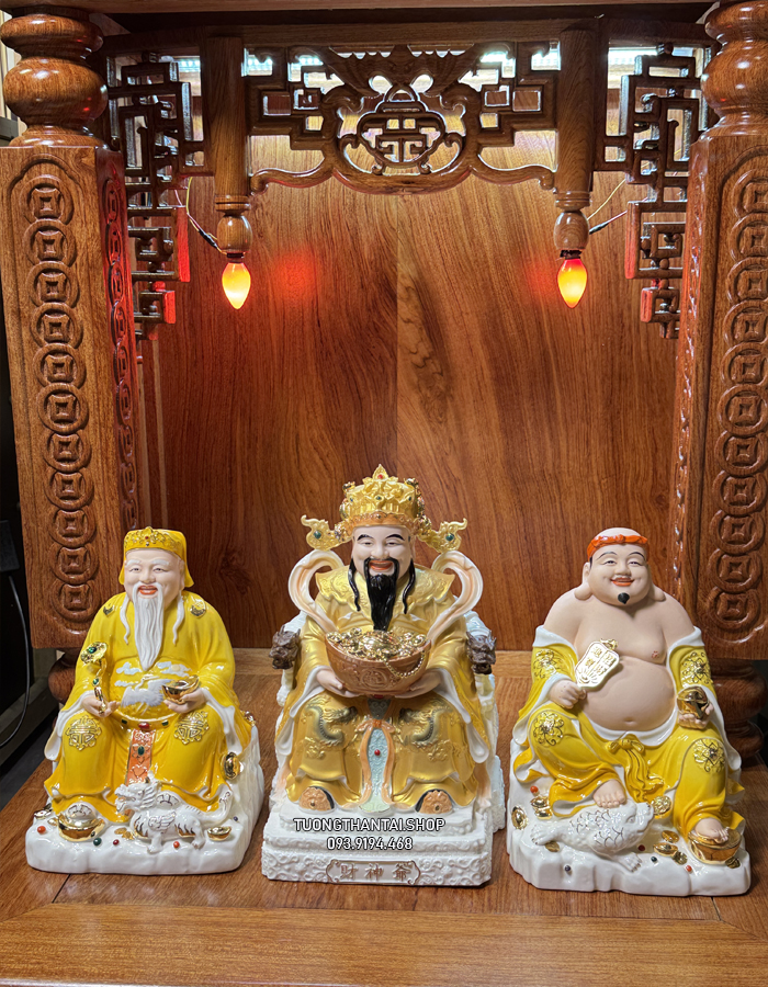 Bộ 3 Ông Địa Thần Tài Thiền Bằng Sứ Đức Hóa Gấm Vàng