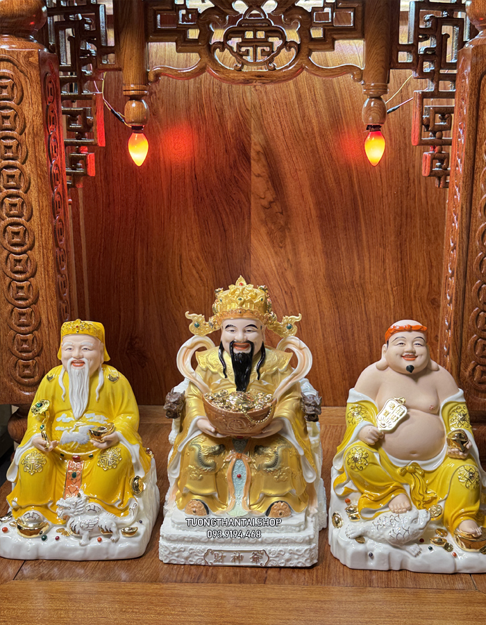 Bộ 3 Ông Địa Thần Tài Thiền Bằng Sứ Đức Hóa Gấm Vàng