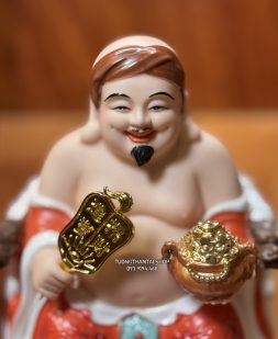 Bộ 3 ông địa thần tài thần tiền bằng sứ gấm đỏ ghế rồng cao cấp