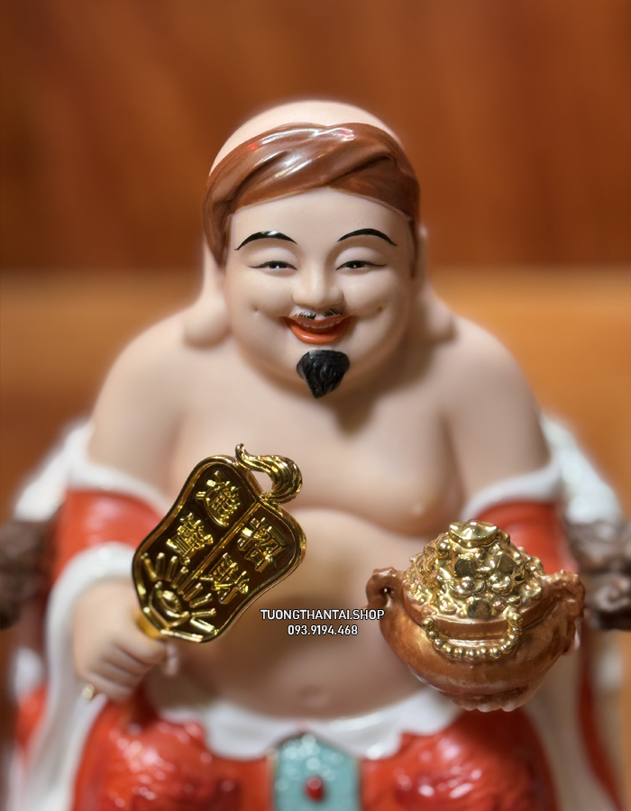 Bộ 3 ông địa thần tài thần tiền bằng sứ gấm đỏ ghế rồng cao cấp