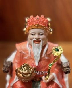 Bộ 3 ông địa thần tài thần tiền bằng sứ gấm đỏ ghế rồng cao cấp