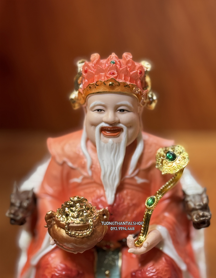 Bộ 3 ông địa thần tài thần tiền bằng sứ gấm đỏ ghế rồng cao cấp