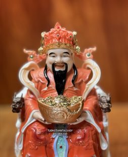 Bộ 3 ông địa thần tài thần tiền bằng sứ gấm đỏ ghế rồng cao cấp