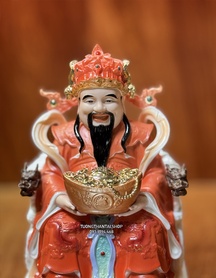Bộ 3 ông địa thần tài thần tiền bằng sứ gấm đỏ ghế rồng cao cấp