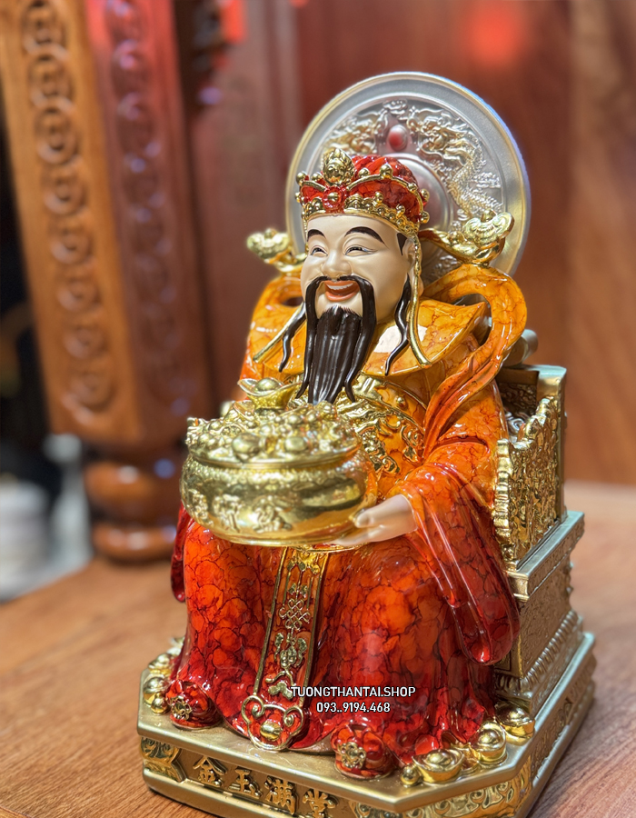 Tượng Thần Tiền Cẩm Thạch Đỏ Da Đồng Có Hào Quang đẹp