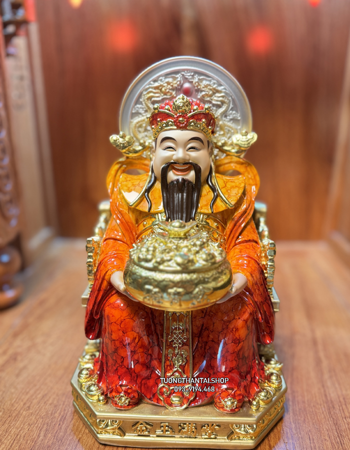 Tượng Thần Tiền Cẩm Thạch Đỏ Da Đồng Có Hào Quang đẹp