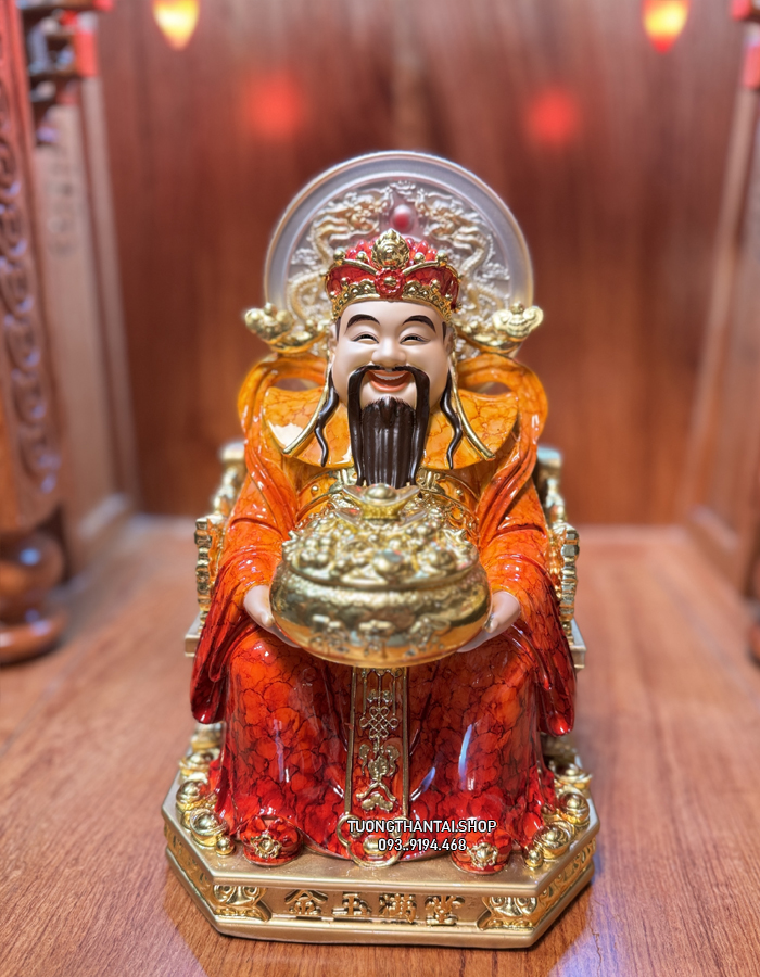 Tượng Thần Tiền Cẩm Thạch Đỏ Da Đồng Có Hào Quang đẹp