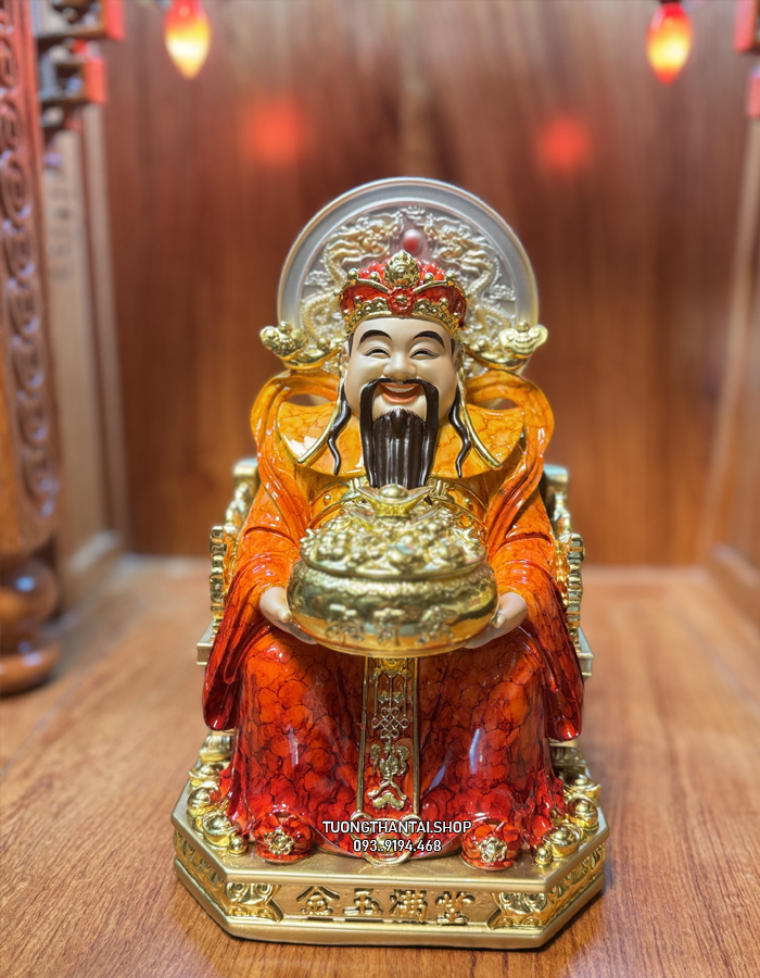 Tượng Thần Tiền Cẩm Thạch Đỏ Da Đồng Có Hào Quang đẹp